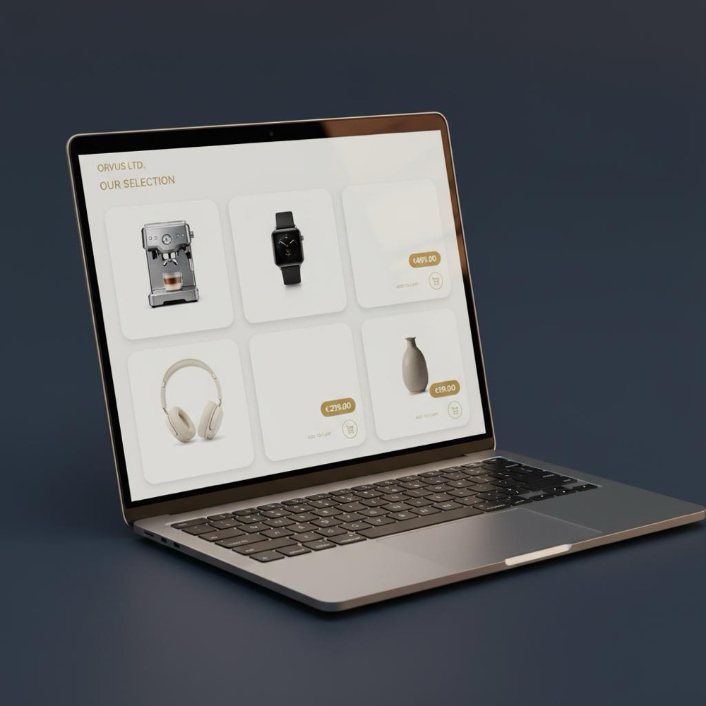 Laptop displaying a minimalist product grid UI with visible price tags and warm brand accents; what is an example of SEM? Full-frame clean ecommerce scene on #0B1E33 background.