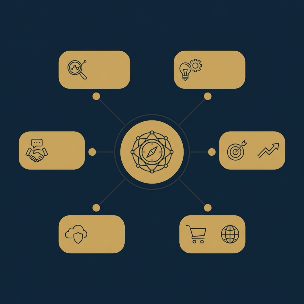 Minimal 2D vector infographic of hub and spoke content architecture with supporting pages and conversion markers designed for longtail seo
