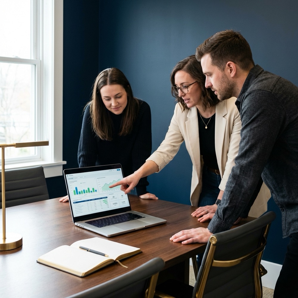 Three professionals in a minimalist seo agency meeting reviewing an analytics dashboard on a laptop with Orvus Ltd color palette navy 0B1E33 gold C8A45D charcoal 2E3237