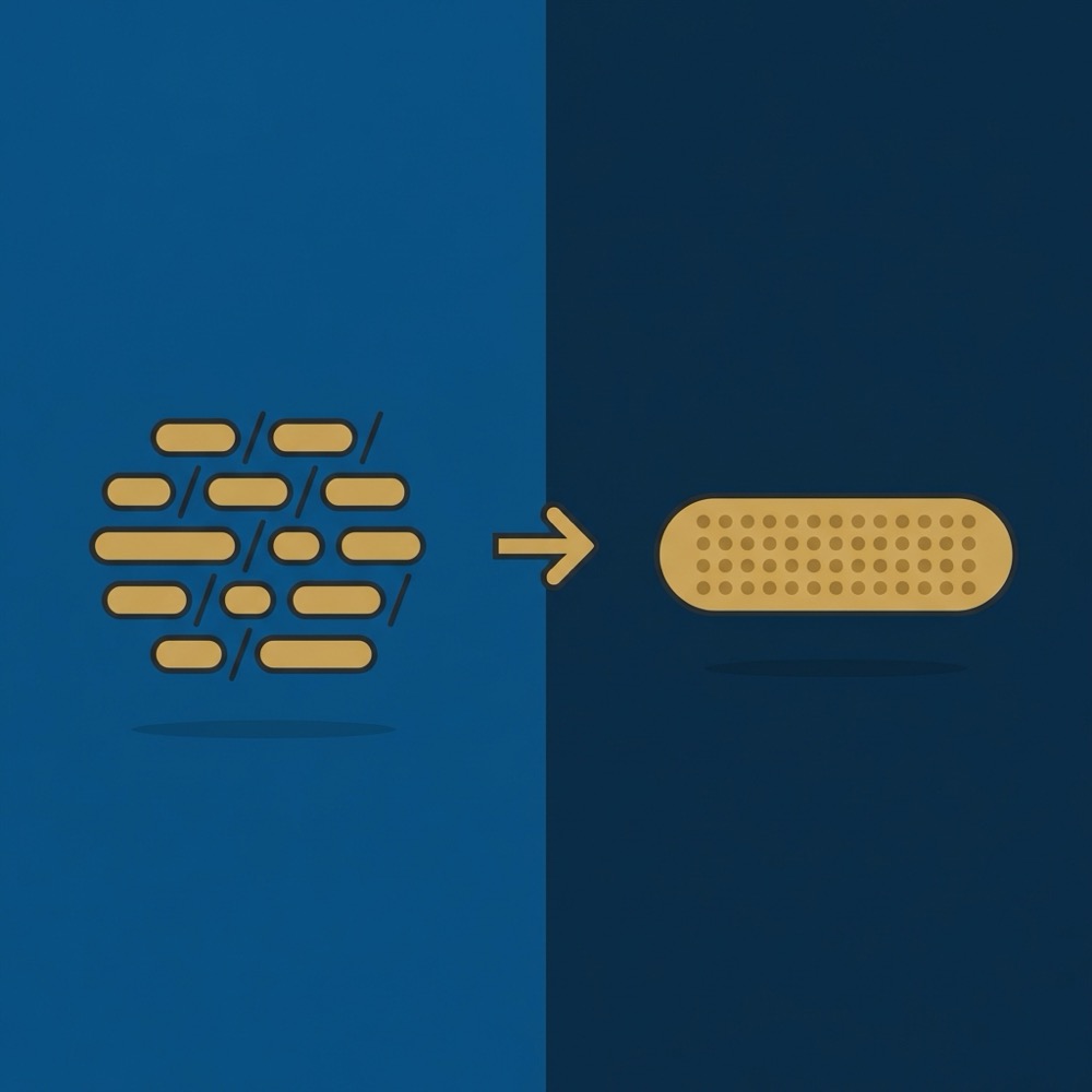 Minimal 2D vector infographic showing before and after visual conversion of compact slashed numeral blocks into an expanded phrase block for linkedin bio