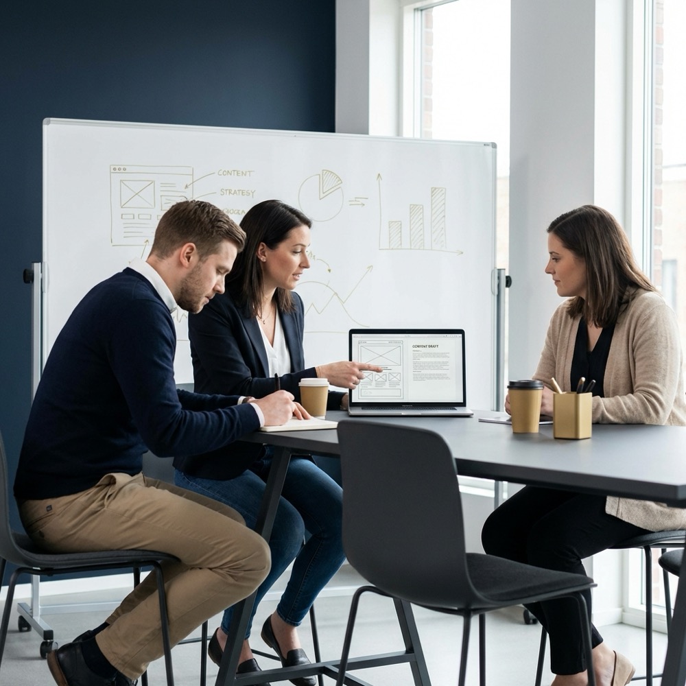 Small marketing team reviewing seo optimized content on a laptop with notes and a whiteboard in a minimalist Orvus Ltd office