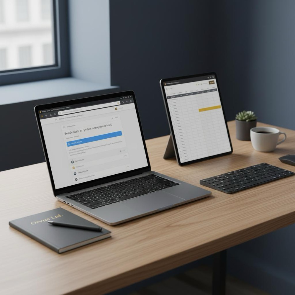 Minimalist workspace with laptop showing search results and a spreadsheet on a wooden desk, navy background and warm gold accents illustrating a free keyword research tool.