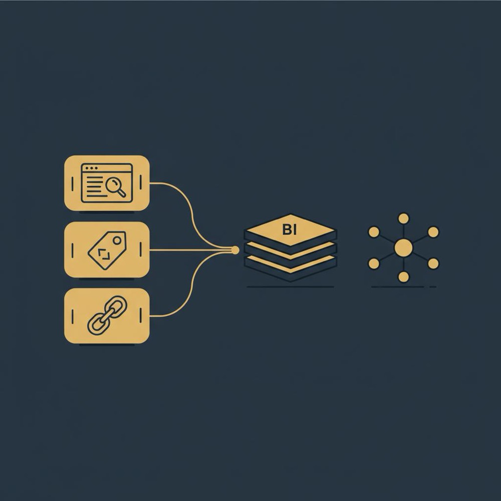 Minimal 2D vector infographic showing DataForSEO API sources (SERP, keywords, backlinks) as layered blocks flowing into a BI stack and a simple ML model on a navy background.
