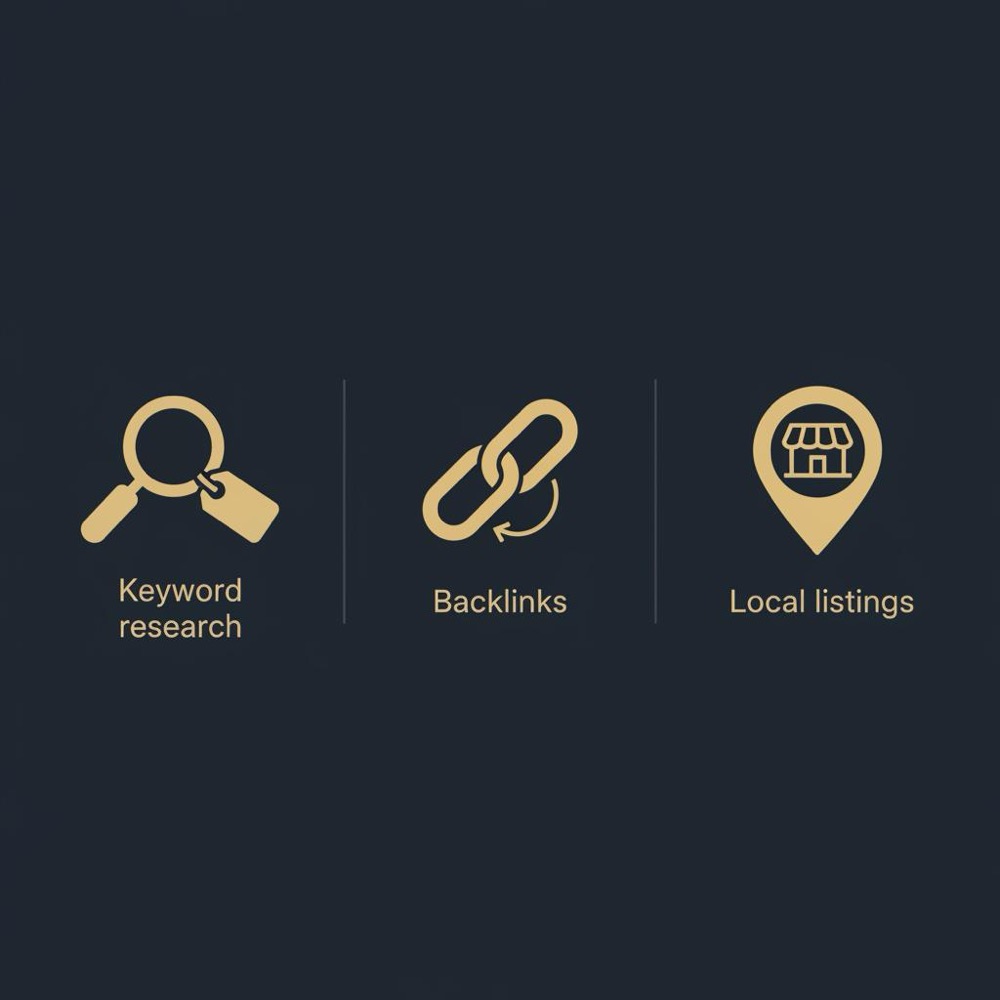 Is Moz a real company - minimal 2D vector infographic with three gold icons for keyword research, backlinks, and local listings on a dark navy background