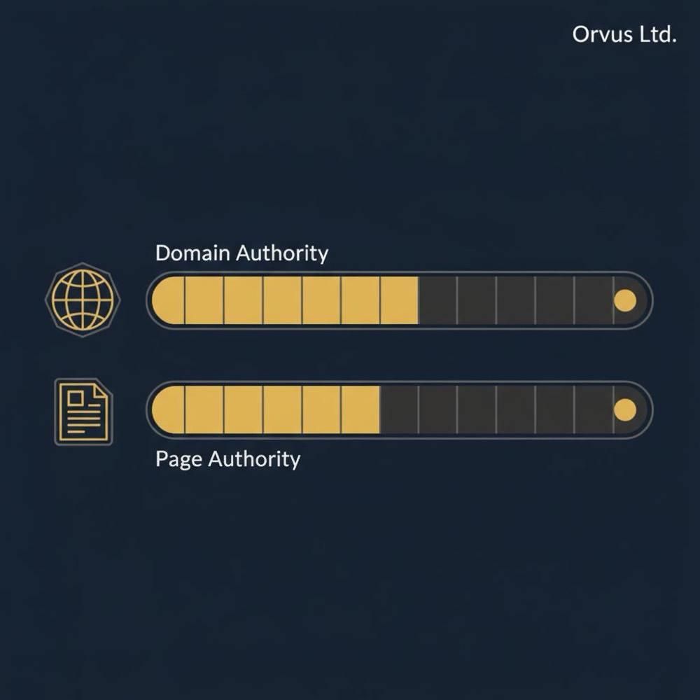 Moz infographic: minimal 2D vector showing two horizontal Domain Authority and Page Authority bars with globe and page icons on a #0B1E33 background, accents #C8A45D and #2E3237