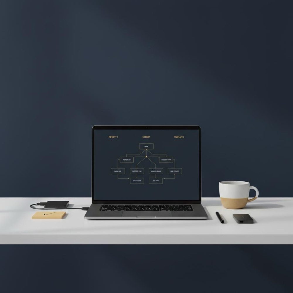 Minimalist desk with laptop displaying an architecture diagram of prioritized sitemaps and templates, subtle #C8A45D accents on sticky note and coffee cup - programmatic SEO