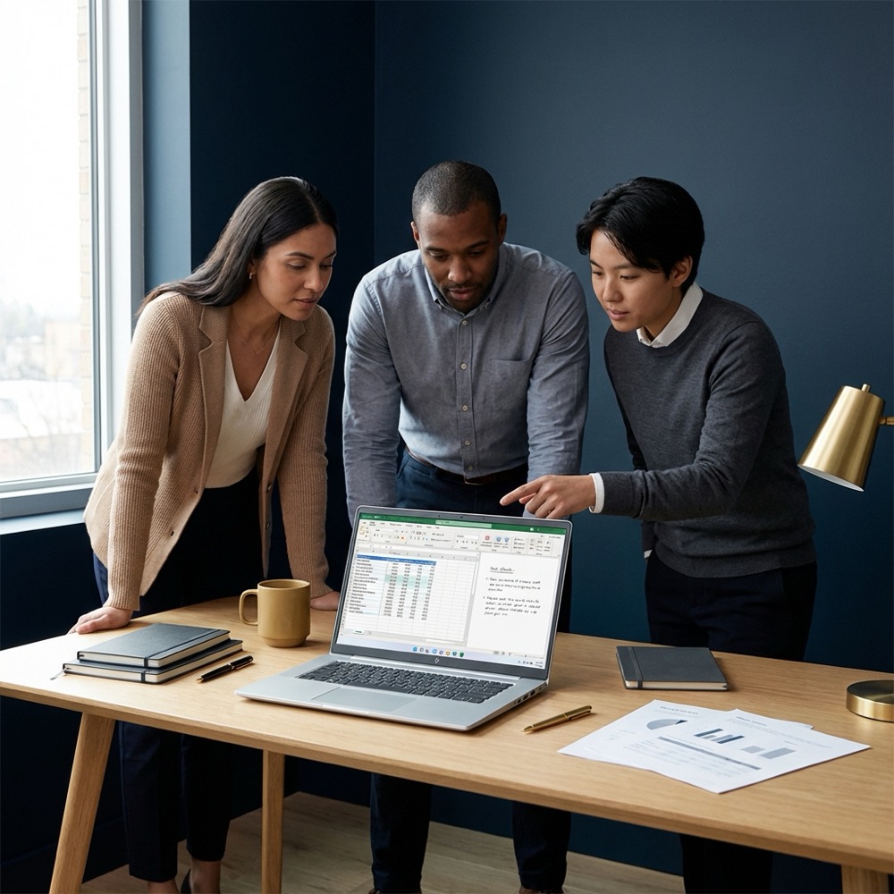 Small team reviewing a website audit on a laptop with spreadsheet and notes in a minimalist navy and warm gold office setting onsite seo