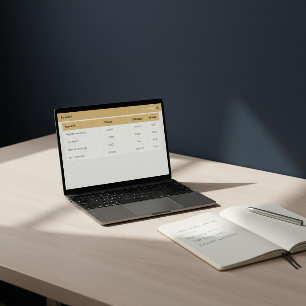 Minimalist workspace with laptop displaying a keyword overview table and notebook with handwritten queries, natural light, brand colors #0B1E33 and #C8A45D - semrush free