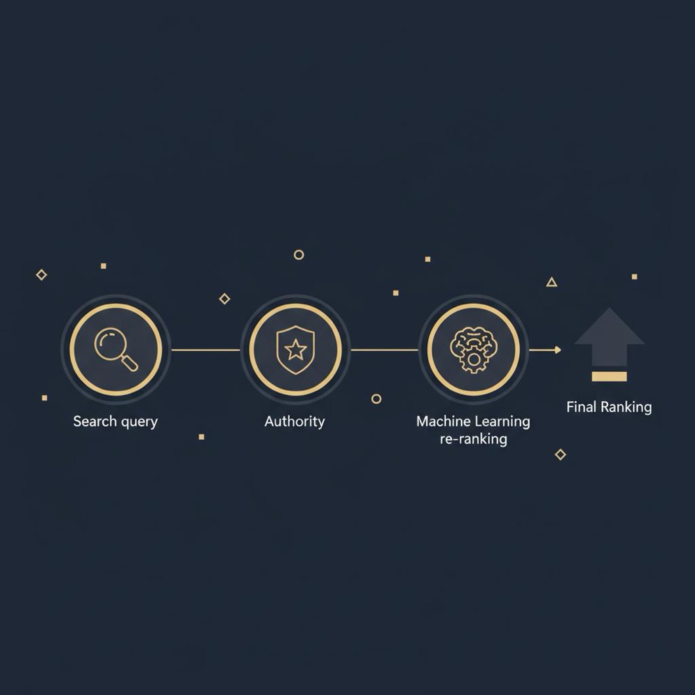Minimal 2D vector infographic showing flow from search query to search engine ranking with icons for user intent authority and machine learning re ranking in Orvus brand colors