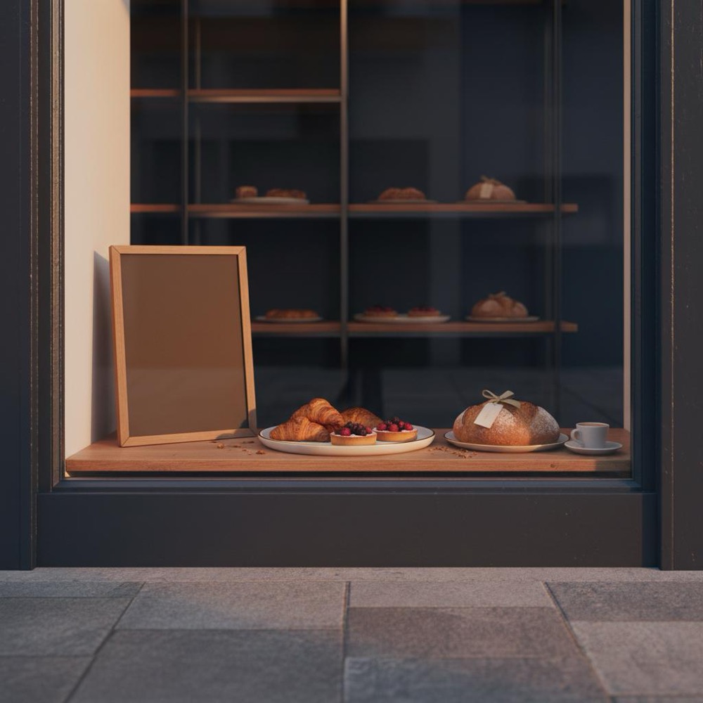 Cozy bakery storefront with warm window light, subtle Orvus Ltd color accents (#C8A45D, #2E3237) against deep blue background - what does SEO stand for
