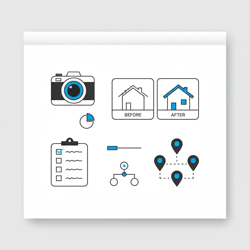 Vector notebook-style sketch of camera icon, before-and-after thumbnails, checklist and map pin cluster illustrating houzz cost planning and project estimates