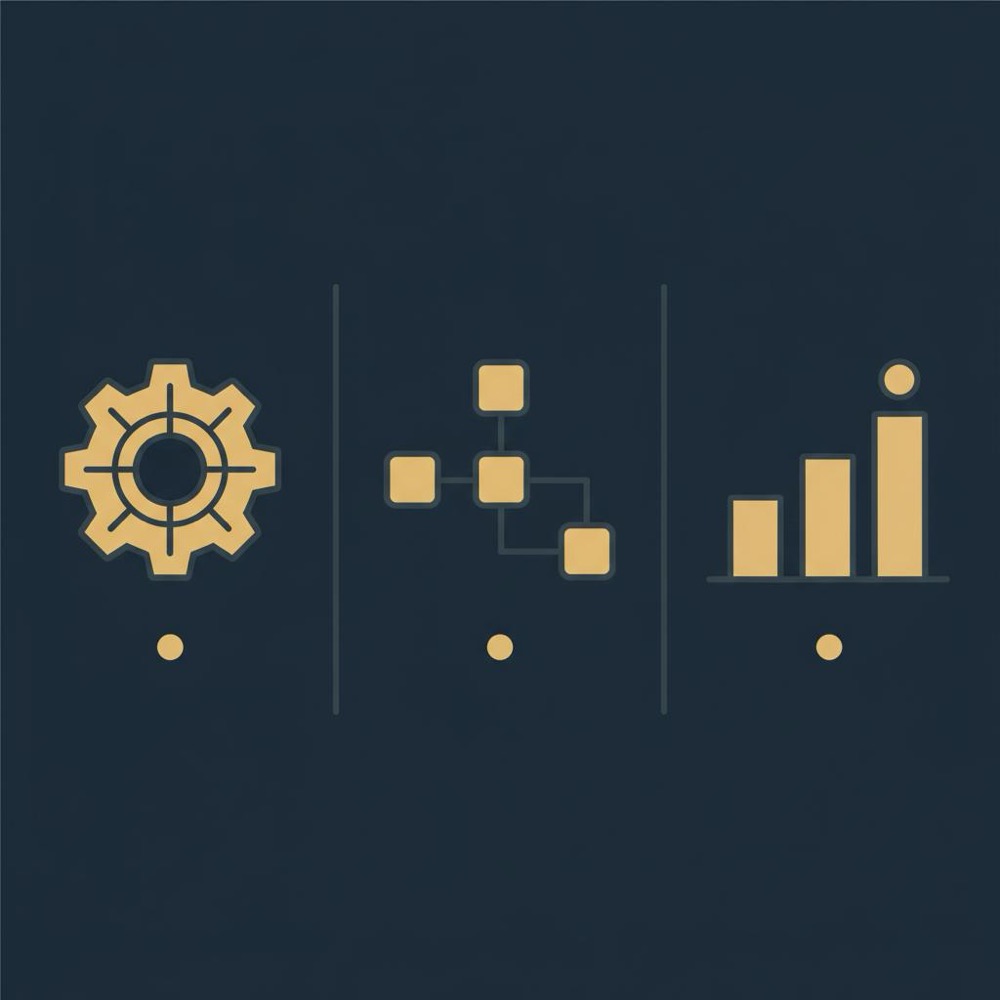 Minimal 2D vector infographic with three vertical icon panels (gear, schema nodes, bar chart) on dark blue background - is all in one seo any good?