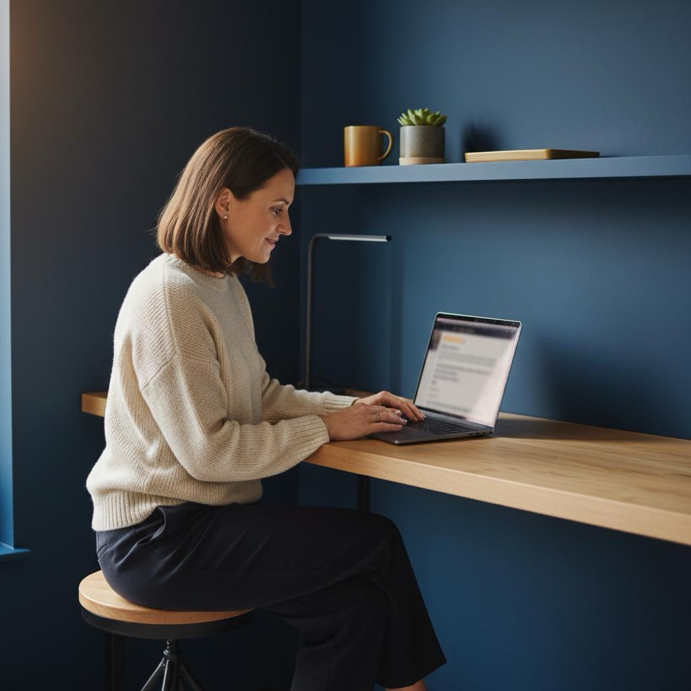 Small business owner reading google reviews on a laptop at a tidy counter with warm lighting and Orvus Ltd. accent color #C8A45D