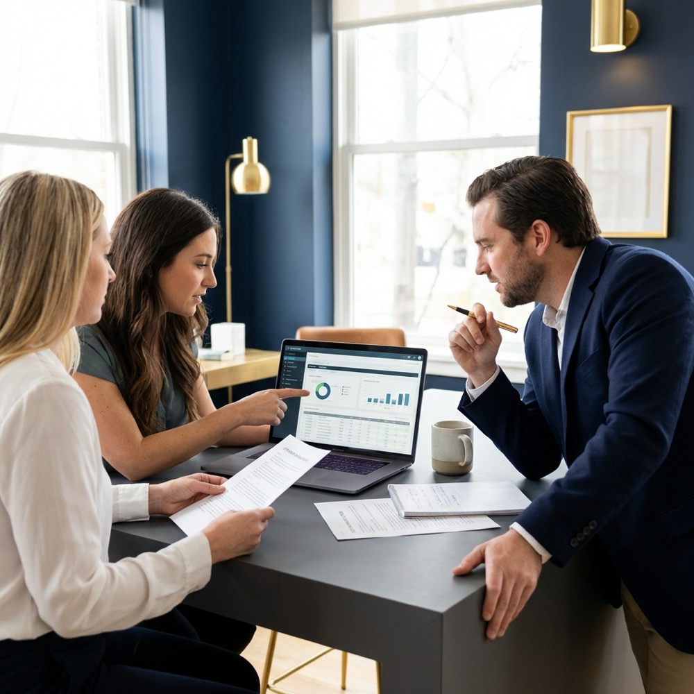 Small marketing team reviewing site analytics on a laptop with a simple budget spreadsheet and notes in a minimalist navy office featuring seo pricing packages