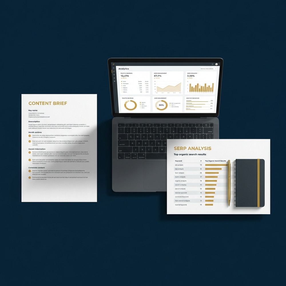 Overhead minimalist workspace with printed content brief laptop analytics dashboard and SERP analysis sheet highlighting keyword optimization in a deep navy and warm gold Orvus brand palette