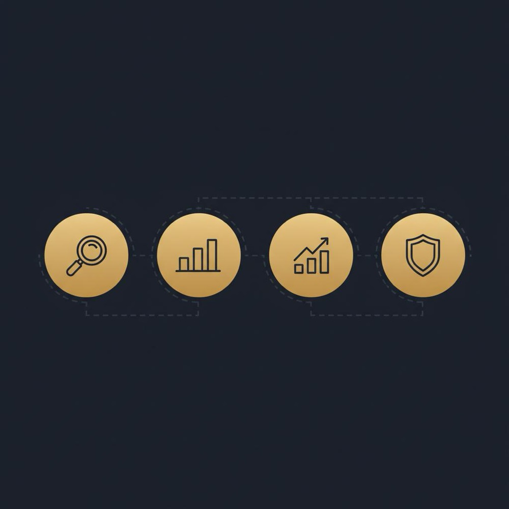 Minimal 2D vector infographic in Orvus Ltd. colors showing four SEO icons (magnifying glass, bar chart, upward arrow, shield) centered on navy background for mozbar article
