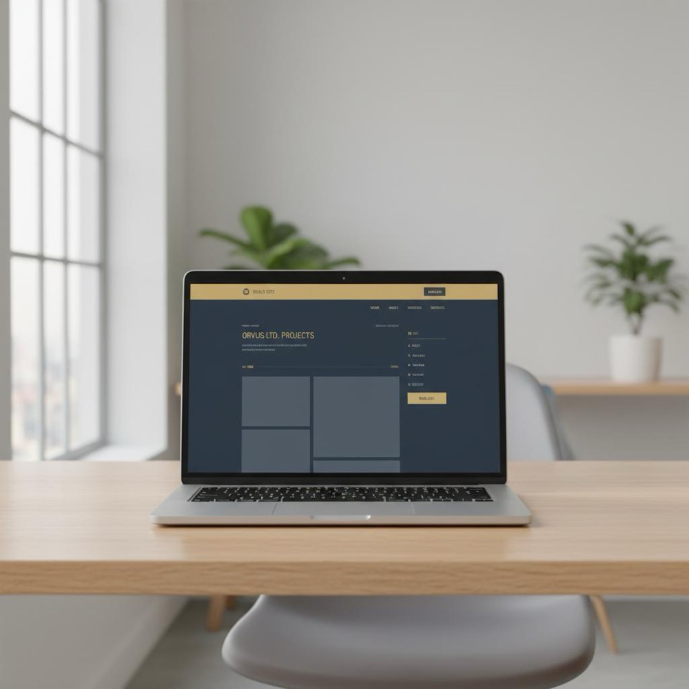 Minimalist workspace with a laptop showing a website builder UI in Orvus colors for a GoDaddy SEO vs WordPress comparison; neutral office background, no faces