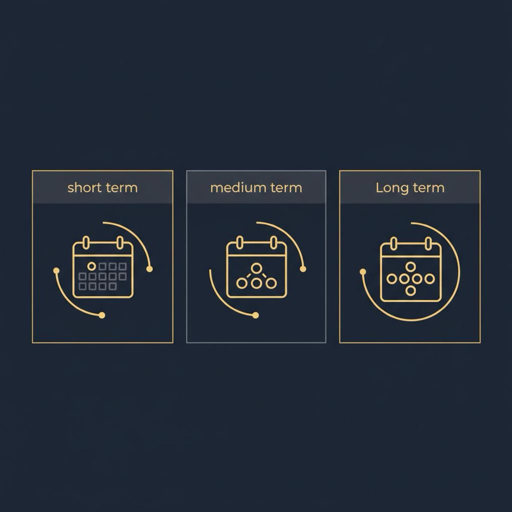Minimal 2D vector three-column timeline infographic for an SEO proposal showing 30-90-180 day phases with calendar icons and gold brand accents on navy background