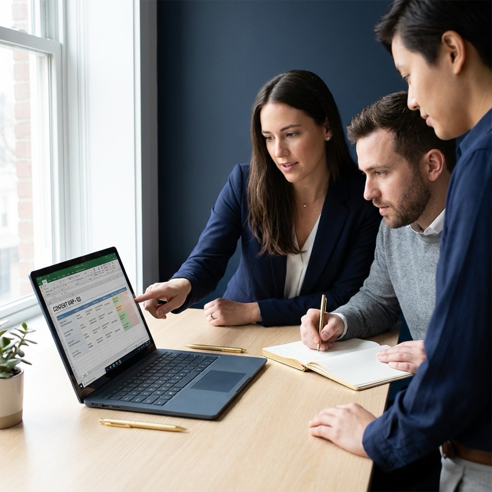 Small marketing team gathered around a laptop reviewing a content map spreadsheet in a minimalist Orvus Ltd styled office, focused on seo for blog posts and collaborative planning