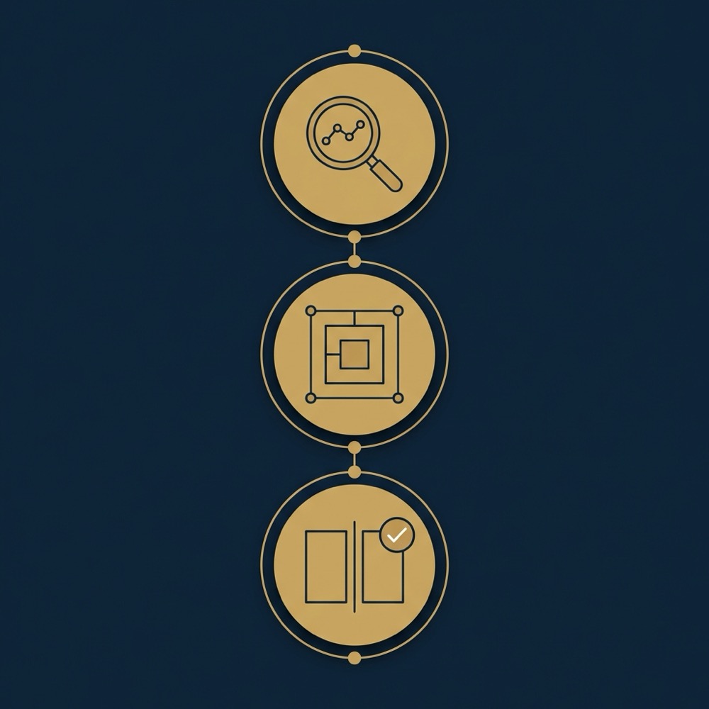 Minimal 2D vector checklist infographic for search engine marketing with three icons for tracking structure and testing on dark blue background 0B1E33