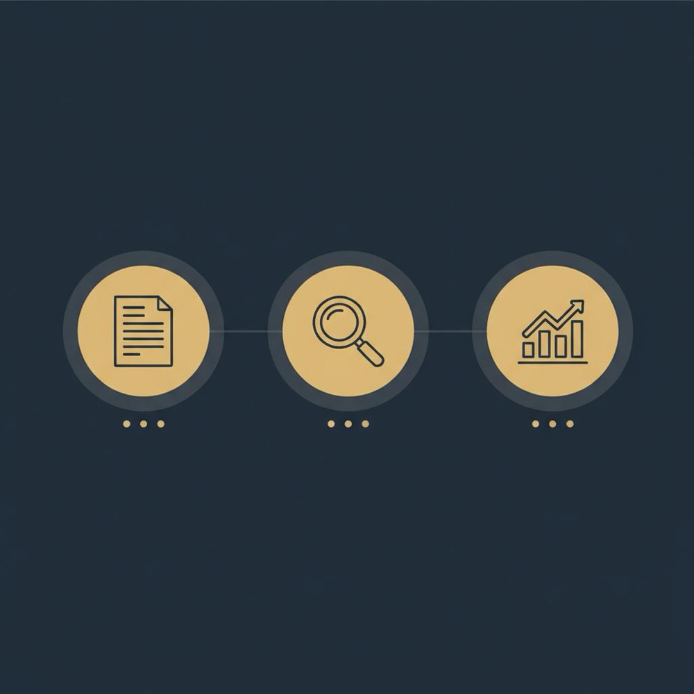 Minimal 2D vector infographic with document, magnifying glass, and chart icons on dark blue #0B1E33 background in Orvus Ltd palette, representing Inform, Trust, Measure - purpose of an advertorial