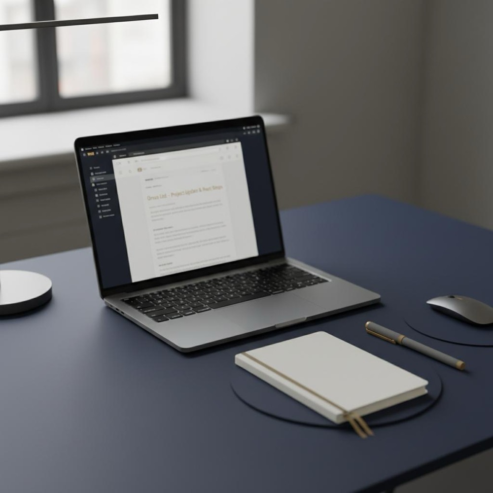 Minimalist workspace with laptop showing an email client and visible subject line in focus, notebook with subtle #C8A45D accents - 7 C's of email writing