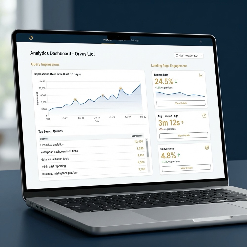 Minimalist laptop screen with analytics dashboard showing query impressions and landing page engagement metrics seo google analytics