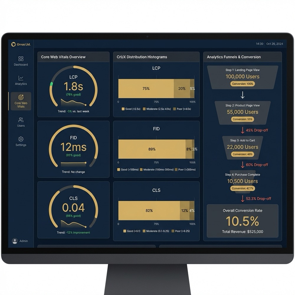 Minimalist Orvus dashboard screenshot showing Core Web Vitals CrUX distributions and analytics funnels focused on seo ux metrics