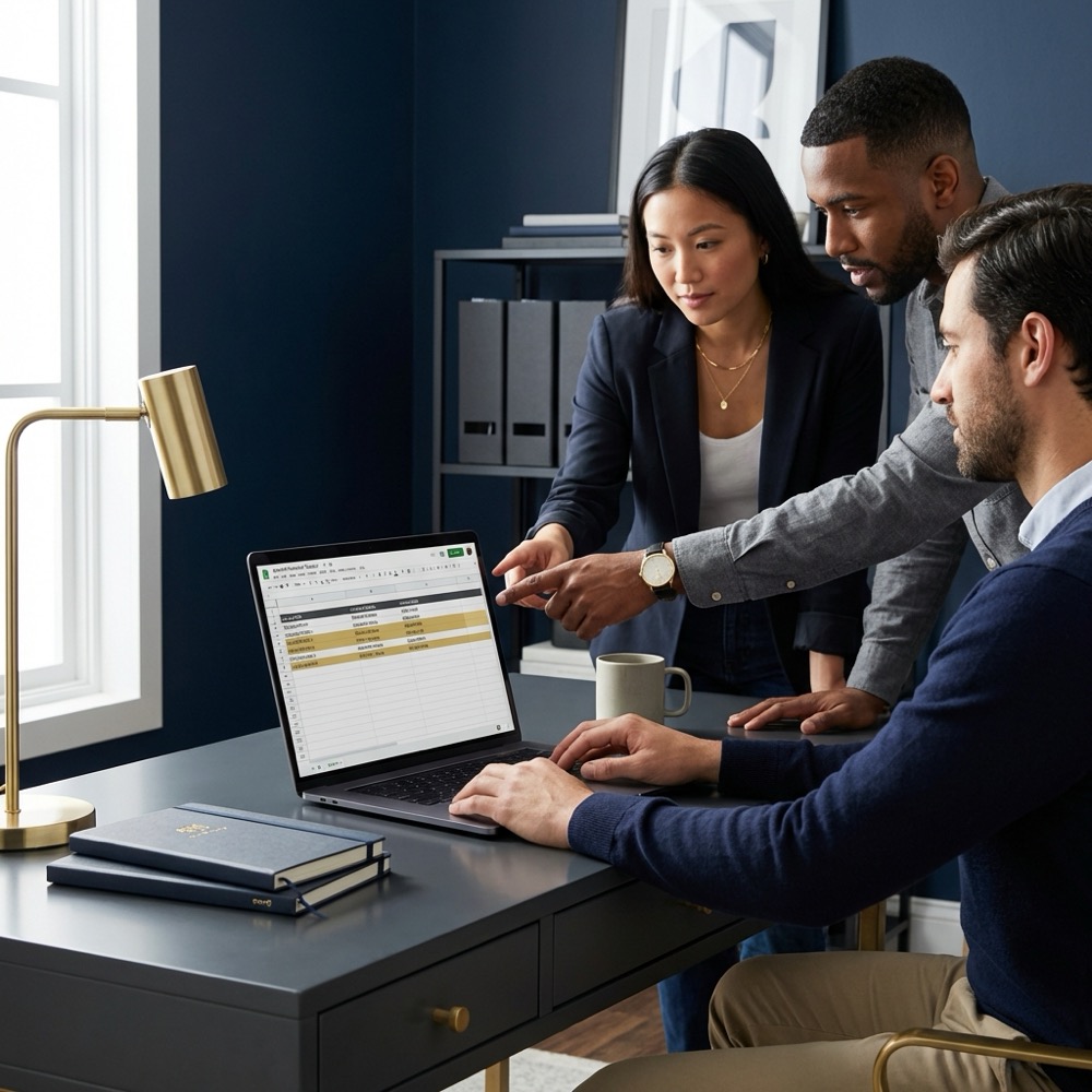 Small team reviewing a backlink outreach spreadsheet on a laptop to get backlinks in a minimalist Orvus Ltd office with dark blue background and gold accents
