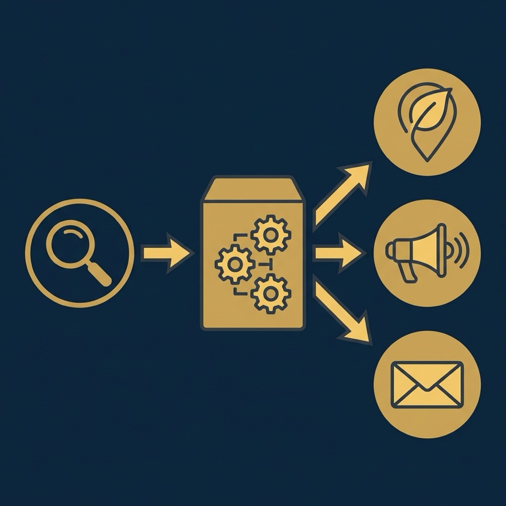 Minimal 2D vector infographic showing query to channel routing with icons for paid and organic channels and arrows indicating automation steps longtail seo