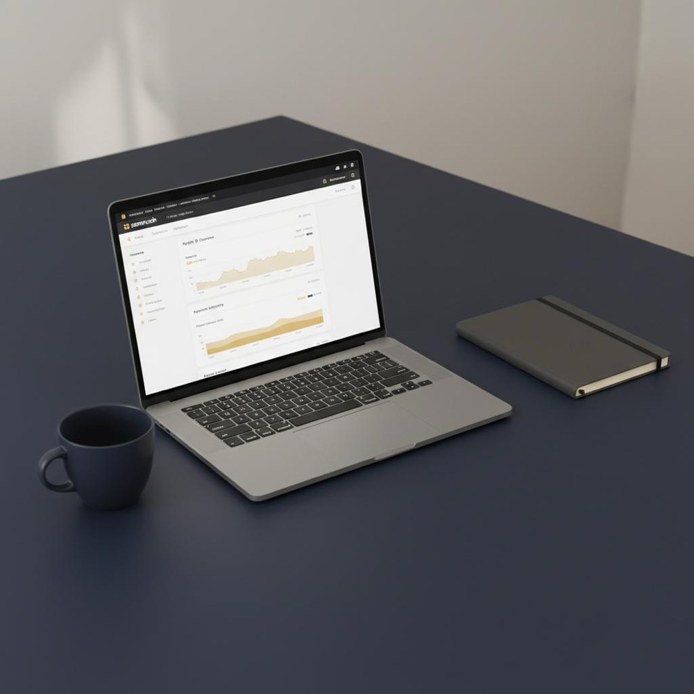 Minimalist workspace with laptop showing Semrush dashboard, notebook with #C8A45D accent and coffee on #0B1E33 background - semrush monthly subscription