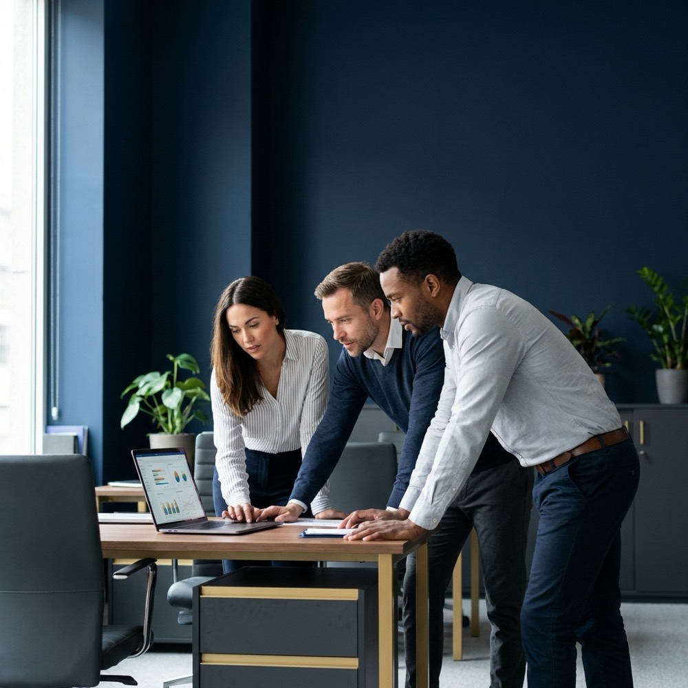 Small team reviewing analytics on a laptop in a minimalist office highlighting seo services focus and collaborative workflow