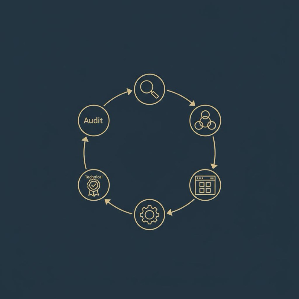 Minimal 2D vector infographic showing a closed loop of five icons (audit, cluster, on-page, technical, test) in Orvus Ltd. colors - 5 steps of optimization.