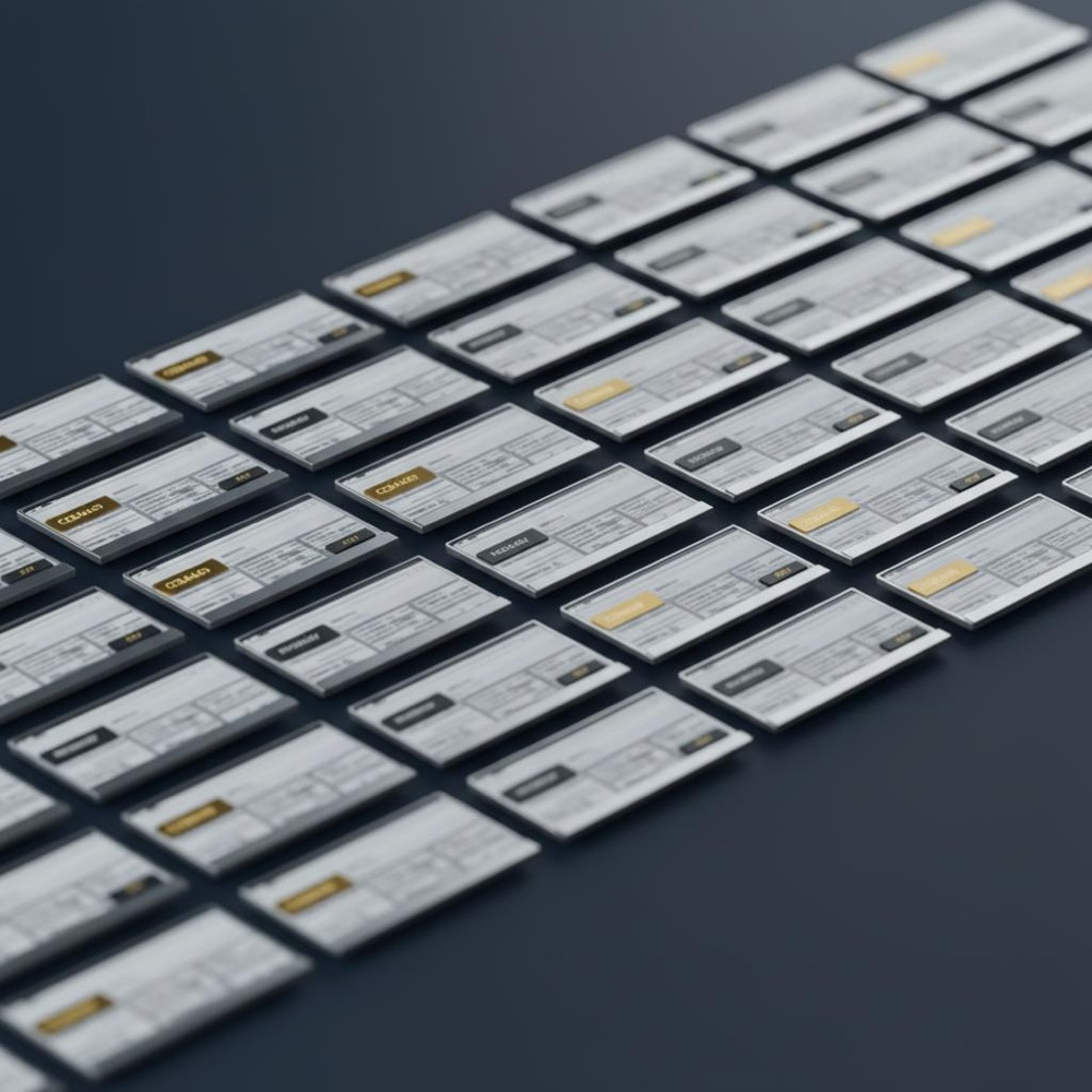 Minimalist photorealistic website warehouse with rows of blurred page thumbnails and gold priority and dark noindex tags in Orvus Ltd brand colors - how to get 100% SEO