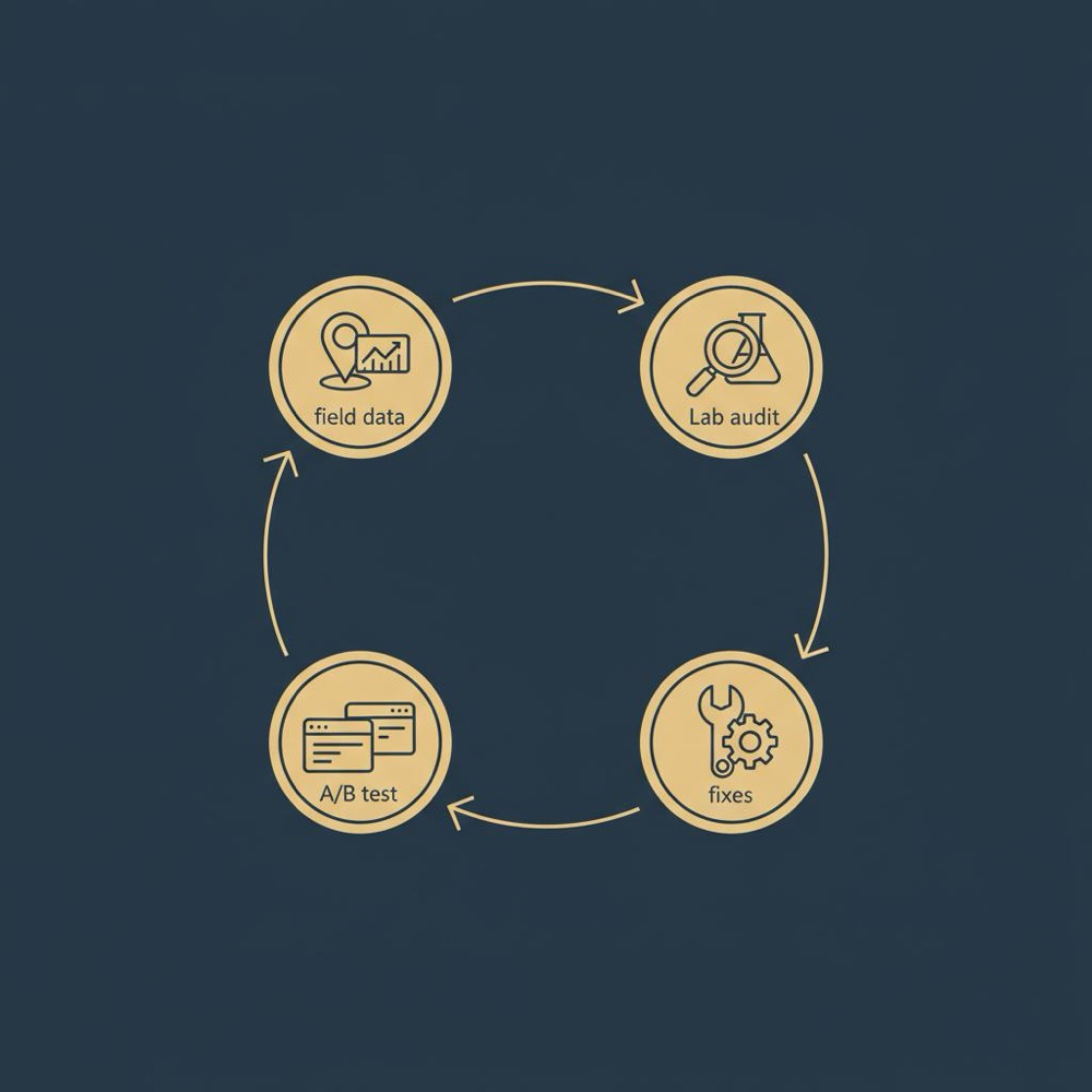 Minimal 2D vector infographic flowchart illustrating a measurement loop for web optimization with icons for field data, lab audit, fixes, and A/B test on a #0B1E33 background.