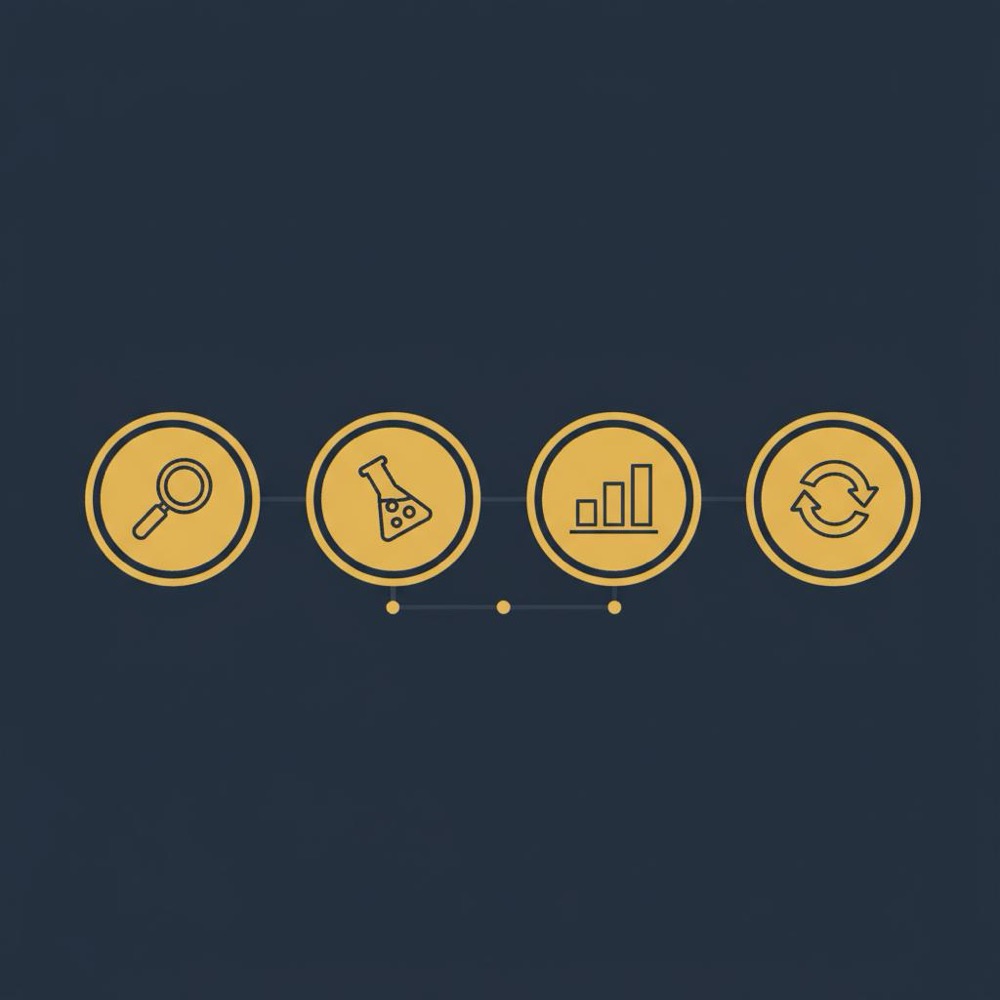 Minimal 4-step vector infographic with magnifying glass, test tube, measure bars, and iterate arrows on a dark navy background for SEO in content writing