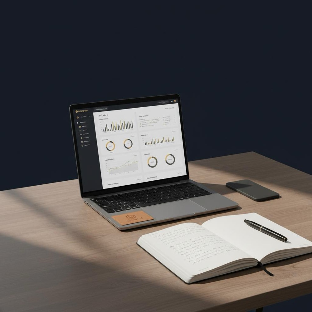 Minimalist desk with laptop displaying SEO salary 2025 charts, open notebook and subtle Orvus Ltd. branding against dark navy background #0B1E33 with gold accents #C8A45D.
