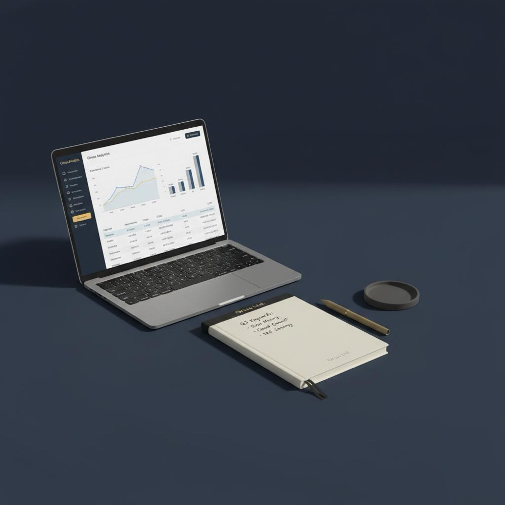 Minimalist Orvus-branded workspace with laptop showing search analytics and a notebook listing types of keywords
