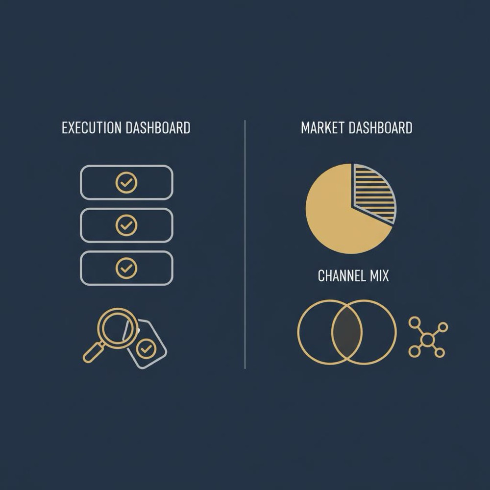 Minimal split-screen vector infographic comparing execution dashboard and market dashboard for semrush vs similarweb in Orvus Ltd brand colors