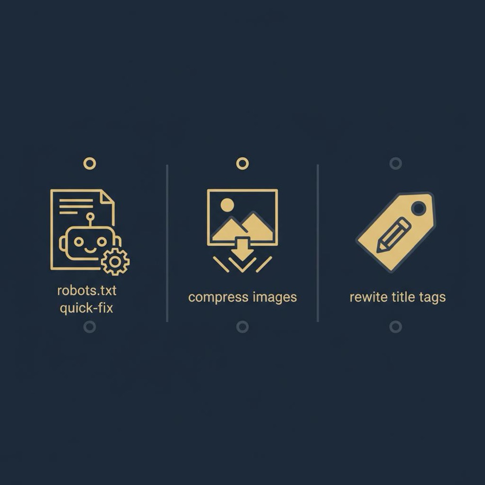 Minimal vector infographic on dark navy background showing three icons for robots file fix, image compression, and title-tag edit - DIY SEO quick wins.