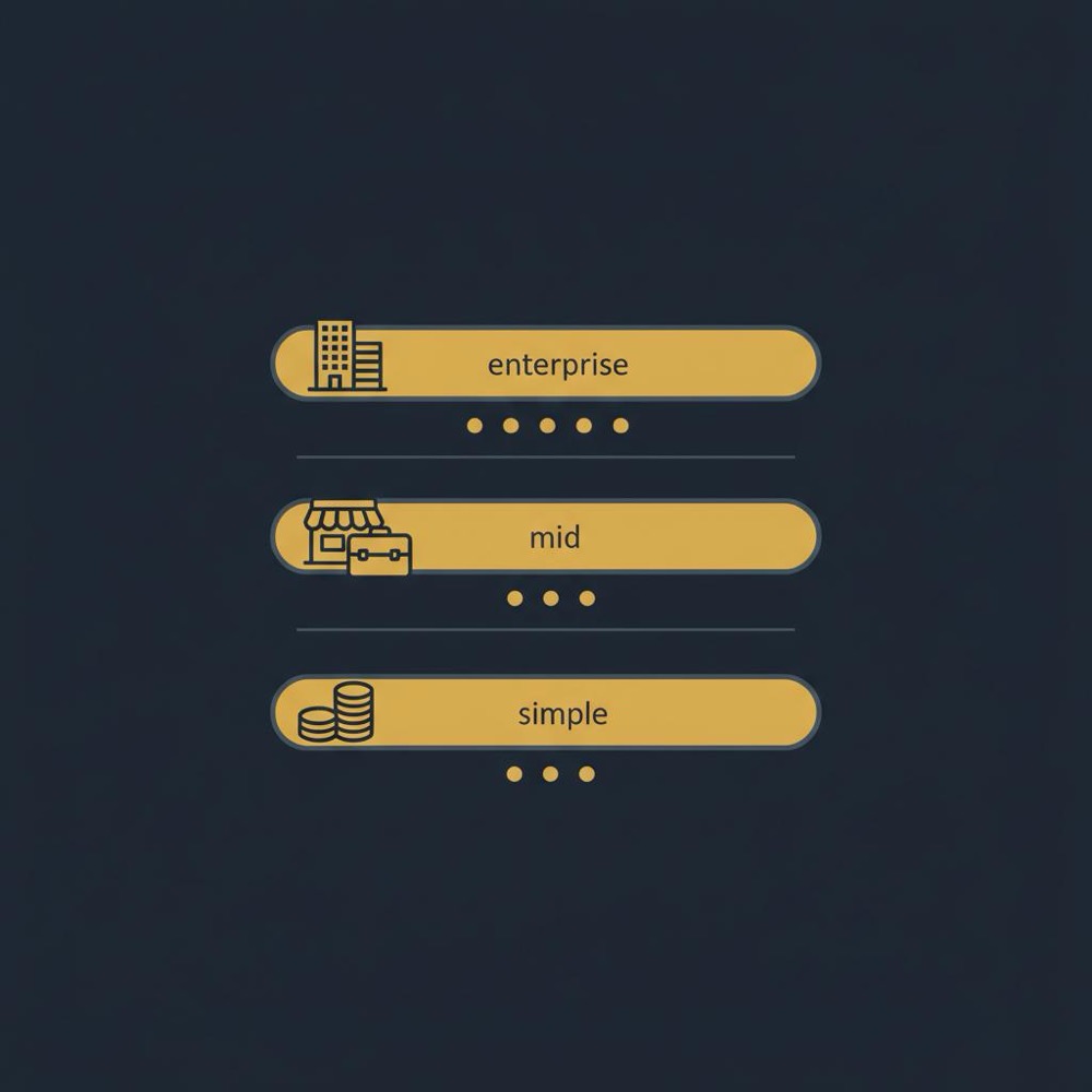 Minimal vector infographic of three stacked budget tiers (simple, mid, enterprise) with icons on a dark blue background using Orvus palette - do I have to pay to appear in voice search