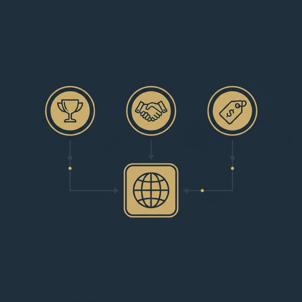 Minimal 2D vector infographic showing earned, outreach, and sponsored backlinks icons connected by a simple flowchart to a central website icon on a dark blue background.