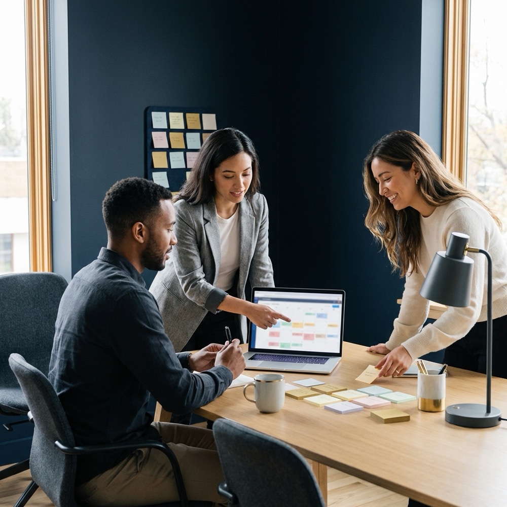 Small marketing team planning a content calendar around a laptop and sticky notes in a minimalist navy and gold office setting for linkedin bio