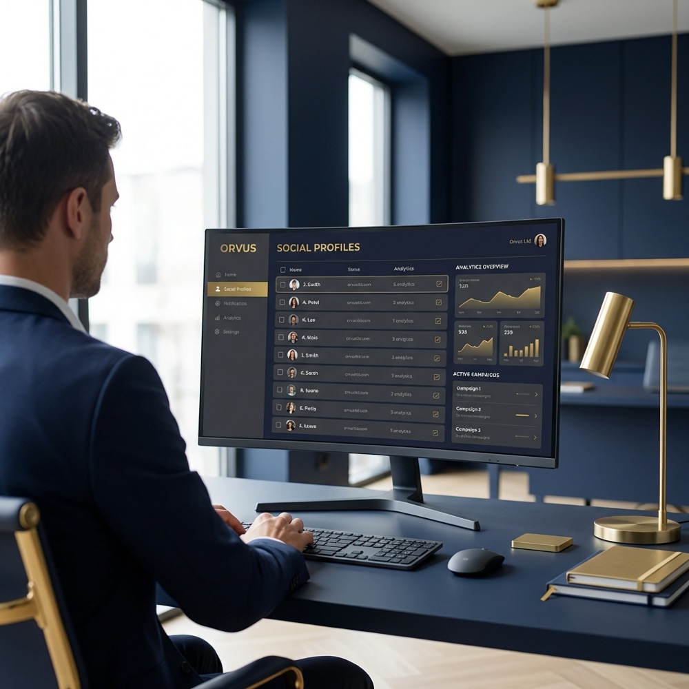 Marketing operator reviewing social profile lists on a monitor in a minimalist Orvus Ltd navy and gold office layout focusing on seo and social media