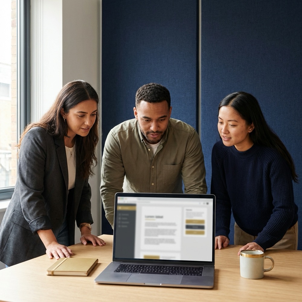 Small marketing team reviewing a content brief on a laptop for seo copywriting in a minimalist navy workspace with gold accents