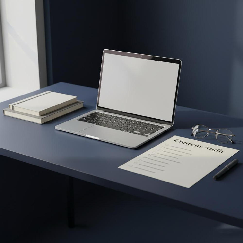 Editorial workspace with tidy desk, laptop and printed 'Content Audit' checklist in Orvus Ltd brand colors (navy #0B1E33, gold #C8A45D), white hat technique focus.