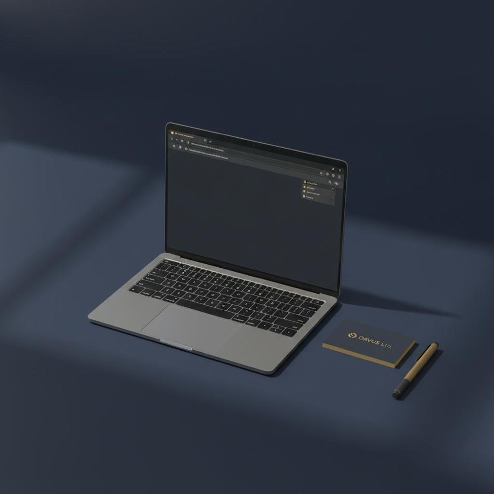 Minimal navy desktop showing a laptop with the mozbar browser toolbar visible, Orvus Ltd gold accents and clean minimalist layout