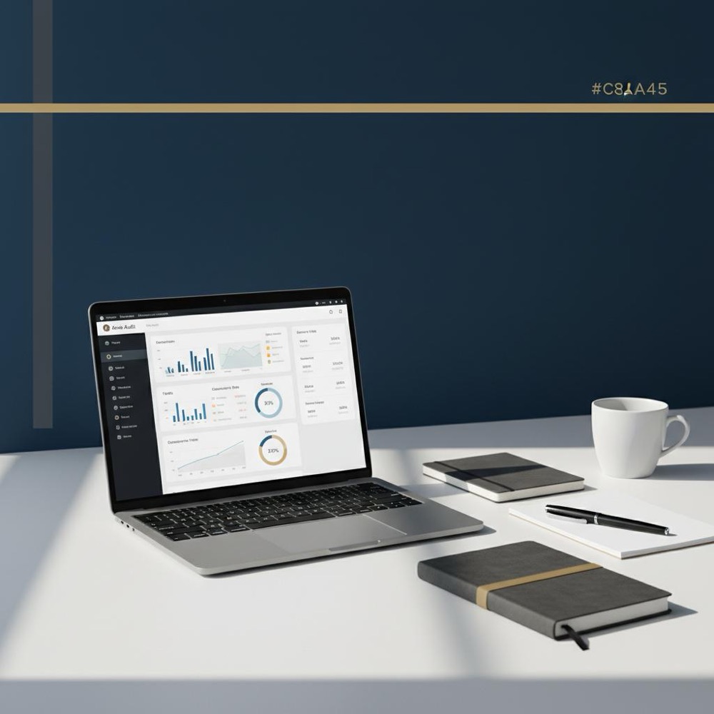Tidy home office desk with laptop showing a web audit dashboard and a notebook with #C8A45D accent for DIY SEO, coffee cup and notepad in minimalist Orvus Ltd. style