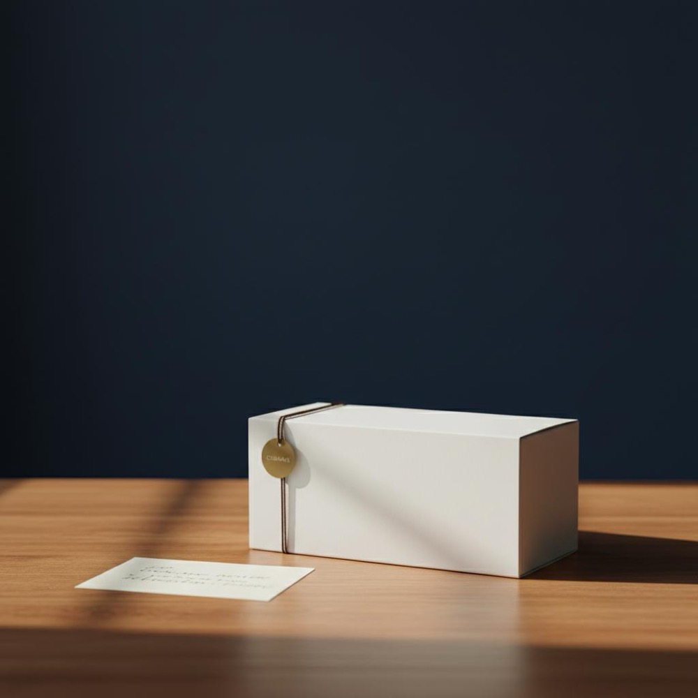 Neatly packaged product box on a wooden table with a small handwritten note and a brand tag in #C8A45D, minimalist staged photo for AI copywriting visuals.