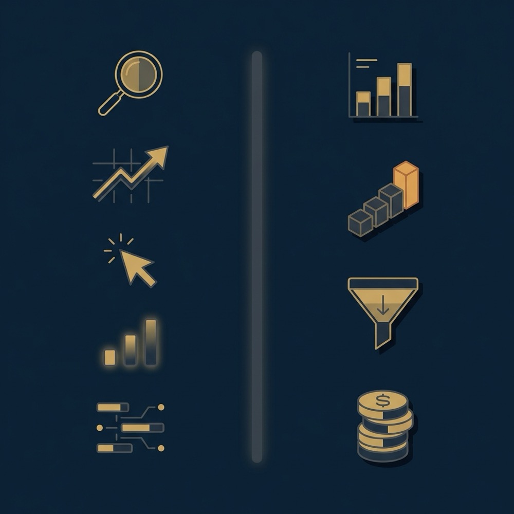 Clean 2D vector infographic showing measurement metrics split between search signals and business metrics in Orvus brand colors content marketing and seo